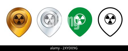Dangerous radioactive zone location risk warning caution place danger radiation pin map design set collection icons Stock Vector