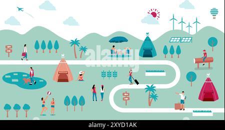 Horizontal banner illustration with outdoor and vacation motifs Stock Vector