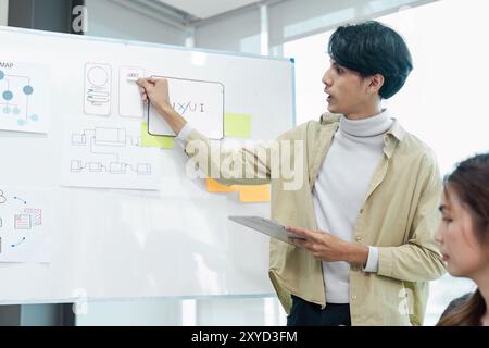 Young Professional Presenting UX UI Design Concepts on Whiteboard in Modern Office Setting Stock Photo