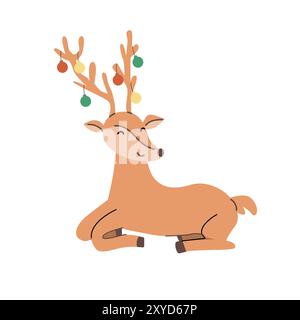 Xmas reindeer flat cartoon illustration. Cute animal deer standing and sitting. Isolated object. Christmas animal for decorations, greeting card. Stock Vector