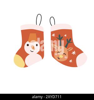 Hand drawn xmas socks with candy and present. Cartoon flat illustration isolated. Santa socks for childrens. Happy holiday element. Stock Vector