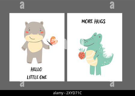 Set of Childrens posters with cute animals. Baby shower design. Scandinavian safari african baby animals with cute face. Cartoon flat vector illustrat Stock Vector