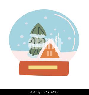 Snow globe. Magic Christmas ball - flat cartoon glass ball with toys house and fir tree. Vector illustration Stock Vector