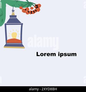 Cute xmas greeting card with lantern and festive decorations. Hand drawn vector illustration. Flat design. Happy Holidays winter illustration. Stock Vector
