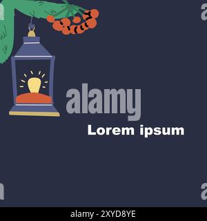 Cute xmas greeting card with lantern and festive decorations. Hand drawn vector illustration. Flat design. Happy Holidays winter illustration. Stock Vector