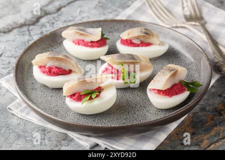 Spicy appetizer Stuffed eggs with beets and herring close-up in a plate on the table. Horizontal Stock Photo