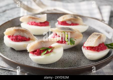 Scandinavian Devilled egg with beetroot and herring close-up in a plate on the table. Horizontal Stock Photo