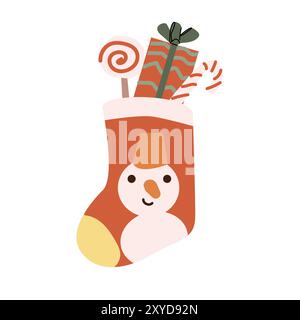 Hand drawn xmas socks with candy and present. Cartoon flat illustration isolated. Santa socks for childrens. Happy holiday element. Stock Vector