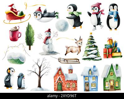 Winter set with snow-covered houses, Penguins on skates, gifts, snowman Christmas trees, Santa Claus in a sleigh, deer,. Watercolor hand painted illus Stock Photo