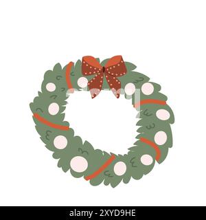Xmas wreath vector illustration with baubles and bow, ribbon. Christmas decoration for door - cartoon flat design. Stock Vector