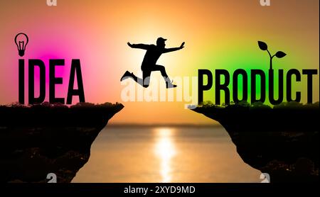 From idea to product concept. Jumping businessman against sunset. Business, company, development concept. High quality photo Stock Photo