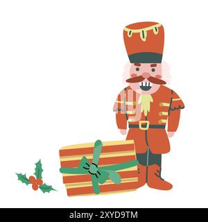 Childrens cute xmas nutcracker character, smiling person with gift. Happy holidays concept design. Christmas and new year flat cartoon celebration fai Stock Vector