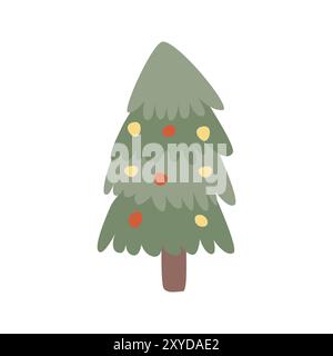 Xmas fir tree isolated icon. Hand drawn childrens christmas tree vector illustration. Cute pine with festive elements, garlands, baubles. Flat design. Stock Vector