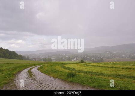 Wehrsdorf, a village in Upper Lusatia when it rains. Wehrsdorf in Upper Lusatia when rain Stock Photo