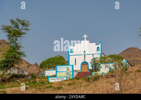 Church in white and blue color on Santiago Island on Cape Verde Stock Photo