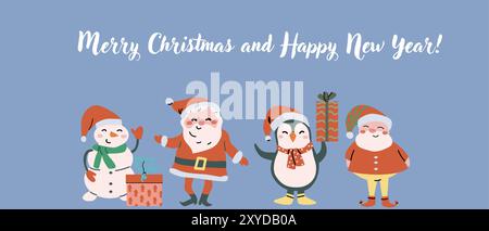 Cute xmas greeting card with christmas cartoon flat fairy characters. Hand drawn New Year vector illustration. Flat xmas horizontal banner with santa, Stock Vector