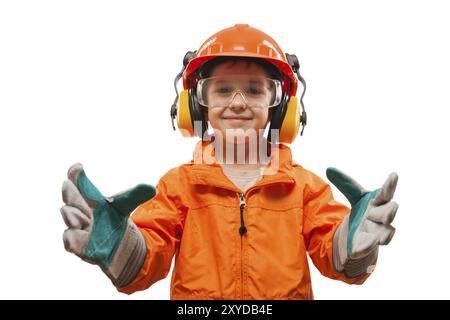 Little smiling child boy engineer or manual worker in safety hardhat helmet and gloves white isolated Stock Photo