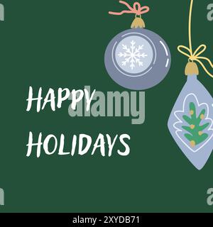Cute xmas greeting card with ornate bauble and festive decorations. Hand drawn vector illustration. Flat design. Stock Vector