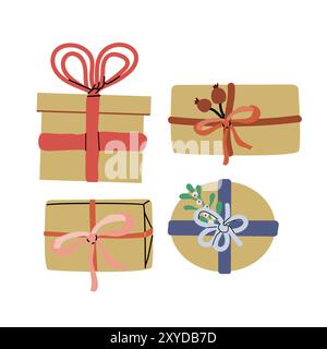 Cute xmas present box in festive craft wrapping paper with ribbon and bow. Top view and side view. Christmas gift vector illustration for Happy Holida Stock Vector