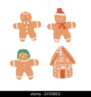 Gingerbread cookies set for christmas holiday. Ginger xmas decoration cookie collection in flat style. Hand drawn vector illustration of pastry bakery Stock Vector