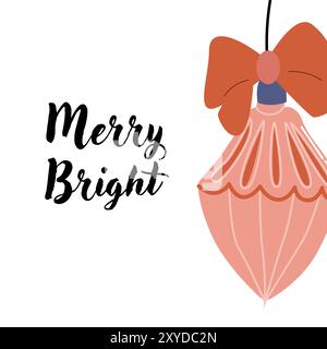 Cute xmas greeting card with ornate bauble and festive decorations. Hand drawn vector illustration. Flat design. Stock Vector