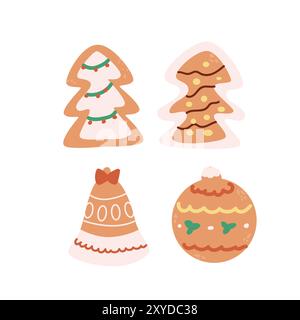 Gingerbread cookies set for christmas holiday. Ginger xmas decoration cookie collection in flat style. Hand drawn vector illustration of pastry bakery Stock Vector