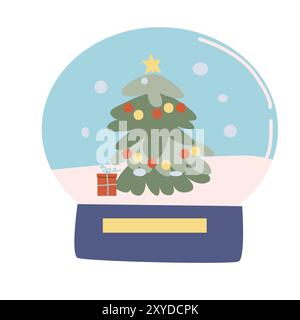 Snow globe. Magic Christmas ball - flat cartoon glass ball with toys fir tree and gift. Vector illustration of cute landscape inside glass. Stock Vector