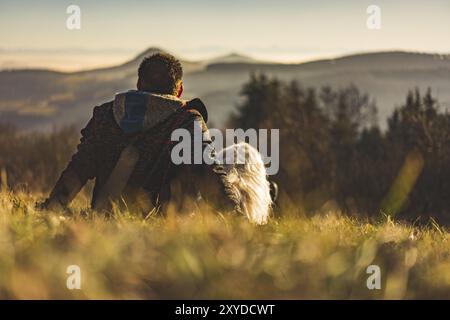 A man sits in the meadow with his dog and looks into the distance Stock Photo