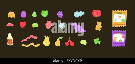 Animal and fruits, abstract shaped jelly candy sweets flat cartoon vector illustration set. Healthy candies creative design. Desserts objects on black Stock Vector