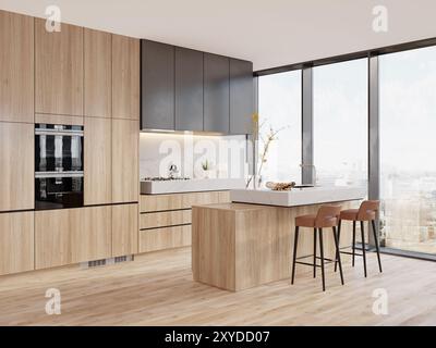 Blank Wall Interior Mockup . Kitchen wall poster mockup. Modern style interior background. 3D render Stock Photo