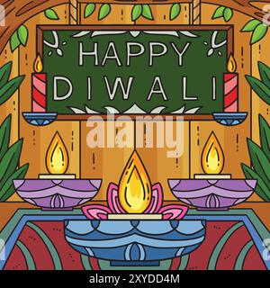 Happy Diwali on Top of Candle Colored Cartoon Stock Vector