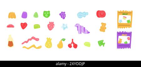 Animal and fruits, abstract shaped jelly candy sweets flat cartoon vector illustration set. Healthy candies creative design. Desserts objects on white Stock Vector
