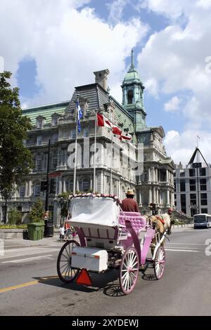 Montreal, Canada, July 26, 2008: Montreal City Hall (Hotel de Ville de Montreal) with its copper roof and flags of Canada, Quebec and Montreal nearby. Stock Photo