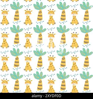 Childrens fashion pattern with baby animals. Cute safari african animals with plant - print. Childish seamless pattern for nursery design, kids textil Stock Vector