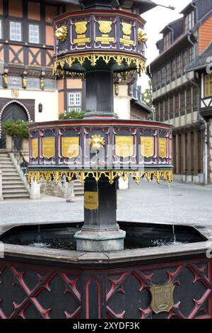 The benefactor fountain in historic Wernigerode, Harz Mountains Stock Photo