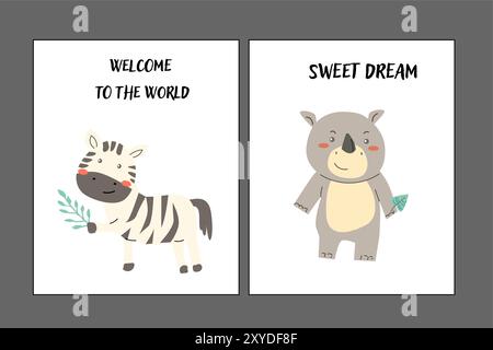 Set of Childrens posters with cute animals. Baby shower design. Scandinavian safari african baby animals with cute face. Cartoon flat vector illustrat Stock Vector