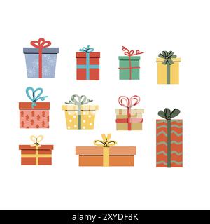 Cute xmas present box set in festive craft wrapping paper with ribbon and bow. side view. Christmas gift vector illustration for Happy Holidays concep Stock Vector