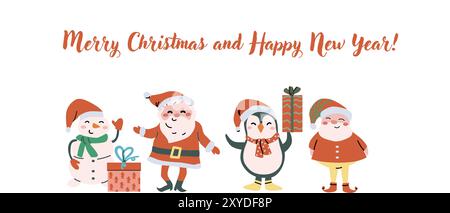 Cute xmas greeting card with christmas cartoon flat fairy characters. Hand drawn New Year vector illustration. Flat xmas horizontal banner with santa, Stock Vector