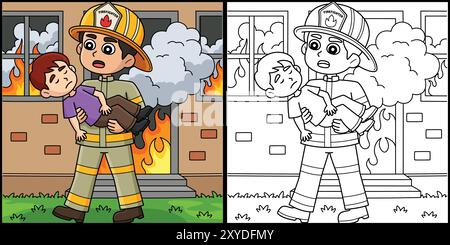 Firefighter Saving the Kid Coloring Illustration Stock Vector Image ...