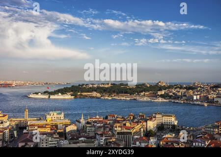 Istanbul city at sunset in Turkey, view from Beyoglu over Golden Horn to Sultanahmet district Stock Photo