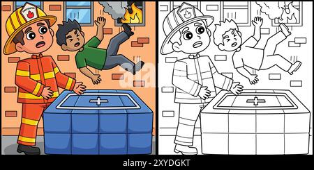 Firefighter Saving the Kid Coloring Illustration Stock Vector Image ...