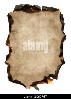 Sheet of old vintage paper with burning edges isolated on white background. Secure information, love letter, memories concept Stock Photo