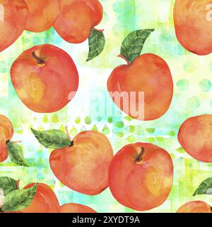 A watercolor repeat print with vibrant red apples on a seamless pattern in teal Stock Photo