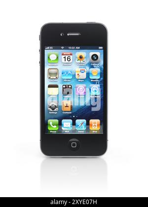 Apple iPhone 4 smartphone with desktop icons on its display isolated with clipping path on white background. High quality photo Stock Photo