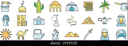 Set of arabic culture icons featuring traditional objects and clothing Stock Vector