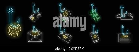 Neon icon set representing different types of phishing with login data, money, cloud service and personal information at risk Stock Vector