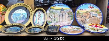 Mtskheta, Georgia, April 28, 2017: Georgian gift souvenir plates in the shop, Asia Stock Photo