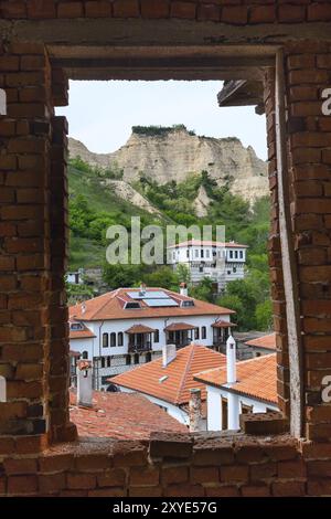 Aerial window view with traditional bulgarian houses n Melnik, Bulgaria, Europe Stock Photo