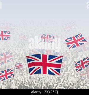 Crowd of people waving flag of United Kingdom square graphic for social media and news. Vector illustration. Stock Vector