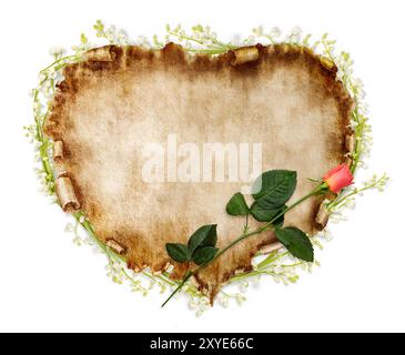 Heart-shaped vintage piece of parchment with a red rose on it. Valentines Day Card romantic love letter background isolated on white Stock Photo